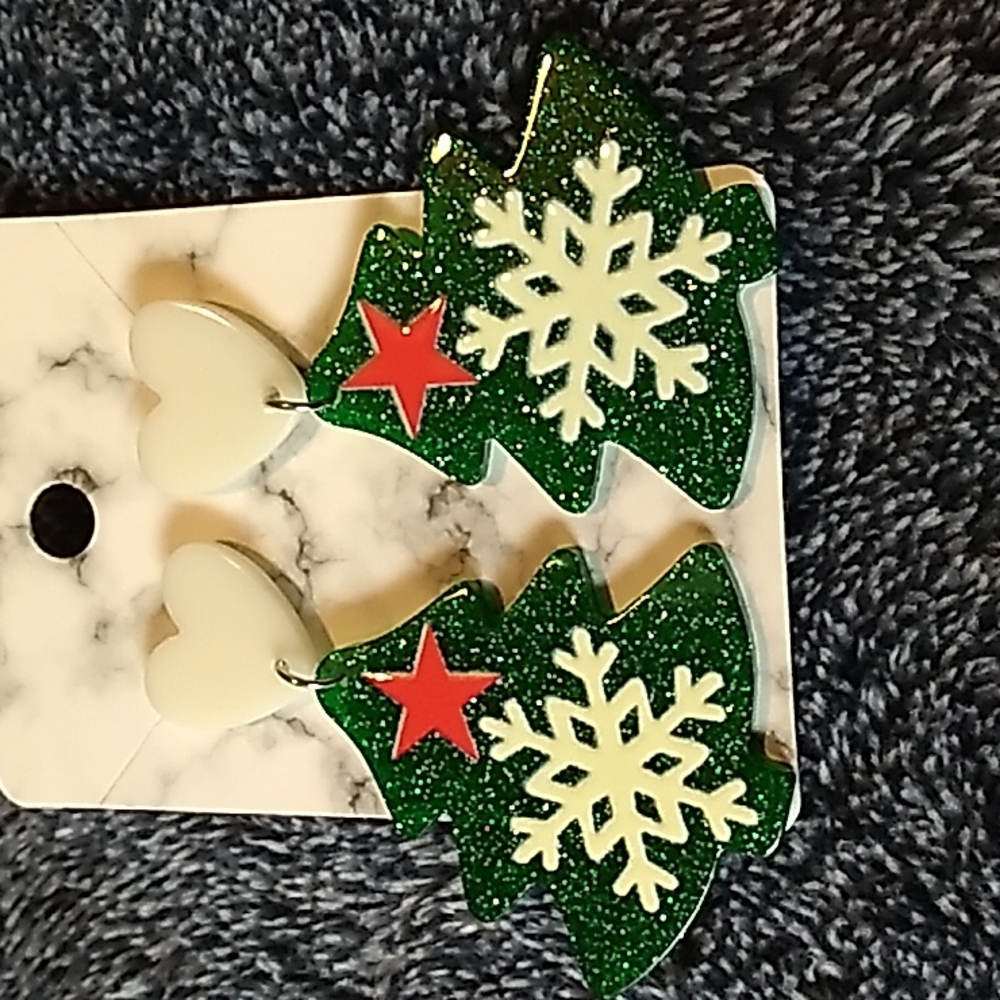 Acrylic Tree Christmas Earrings 1 1/2 x 2 inches Green Glitter & White